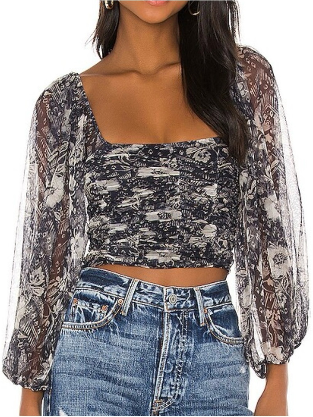 Free People blue and White Sheer Floral Crop Top